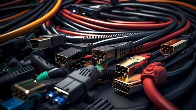 A photo of various computer connectors and cable