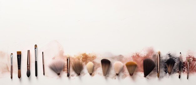 Photo of various makeup brushes arranged on a table with copy space