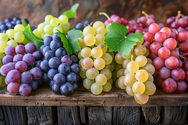 A photo of various types of grapes on an old wooden table with some green and purple bunches in the