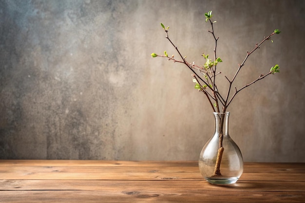 Photo photo of a vase and wooden branch on a table at eye level