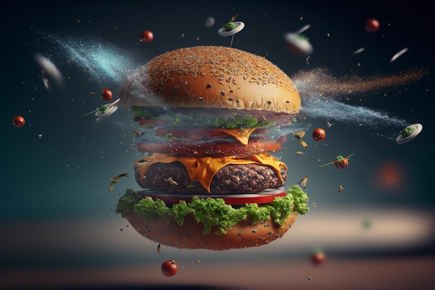 Photo Vector fresh tasty flying burger in air with vegetables with background