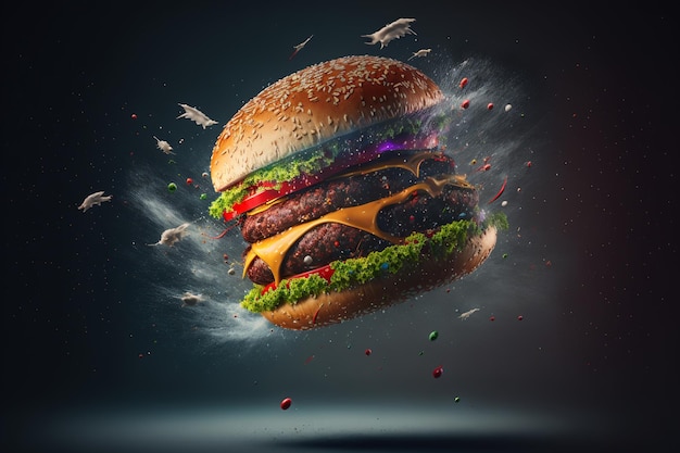 Photo Vector fresh tasty flying burger in air with vegetables with background