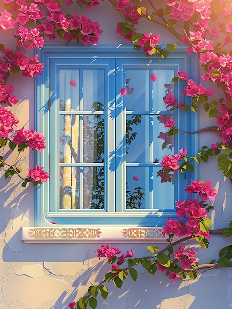 Photo Of vector in square shape with pink bougainvillea and white blue turkey tiles Calming Place