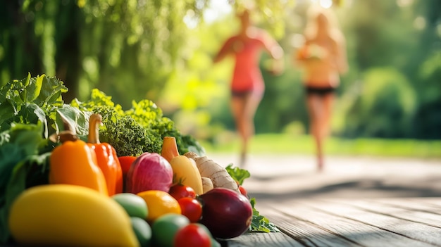 photo of vegetables and fruits with two girls running in the background healthy eating and lifestyle