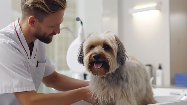 photo of a vet tech assisting with a grooming session for a dog