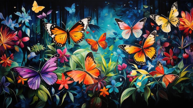 A photo vibrant and colorful watercolor artwork showcasing a variety of exotic butterflies in a lush tropical garden