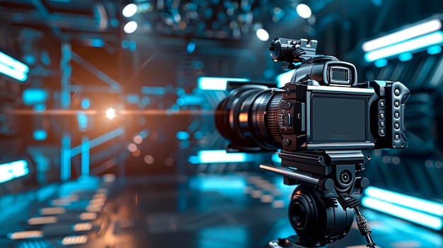 Photo photo and video camera on a tripod in the studio selective focus