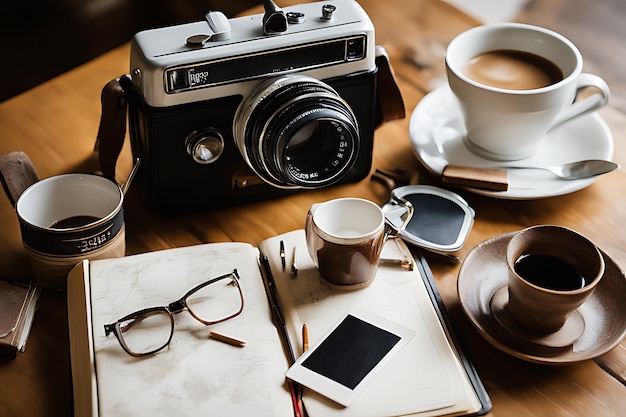 Photo View of coffee cup with old camera