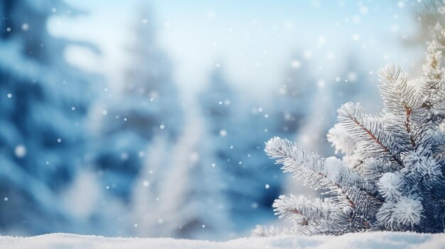 Photo view of a landscape snowy mountains and fir trees with Christmas mystery background