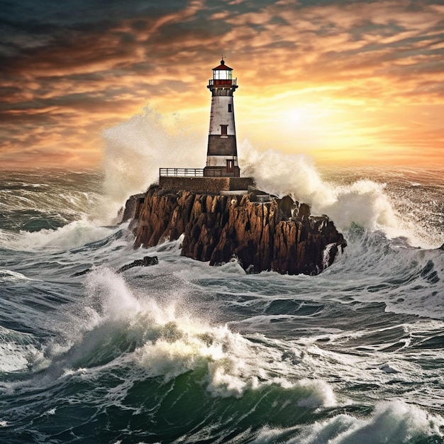 Photo view of light house tower and big waves generative ai