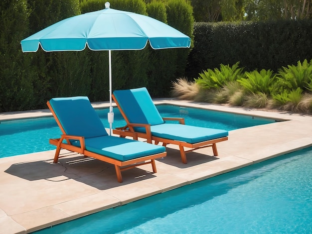 photo of a view of swimming pool chairs and umbrellas