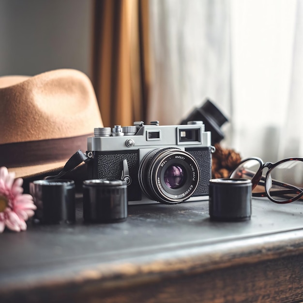 a photo of a vintage camera and film rolls