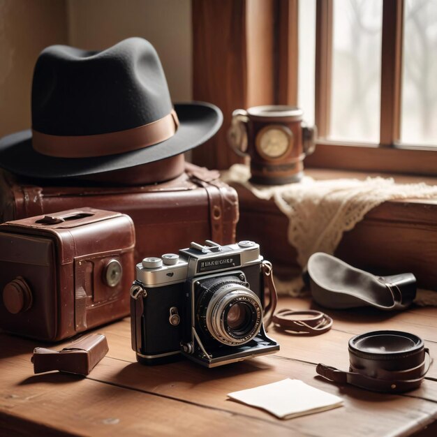 a photo of a vintage camera and film rolls