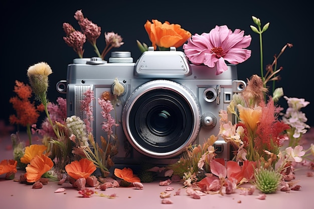 Photo vintage camera in flowers and plants background