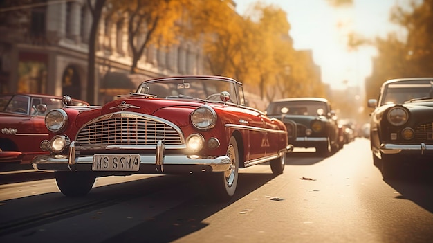 A photo of a vintage car parade