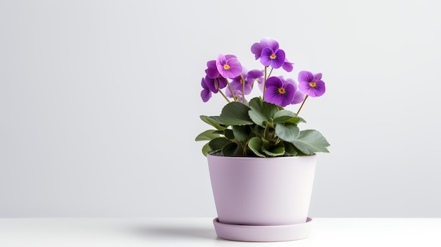 Photo of Violet flower in pot as houseplant for home decoration isolated on white background