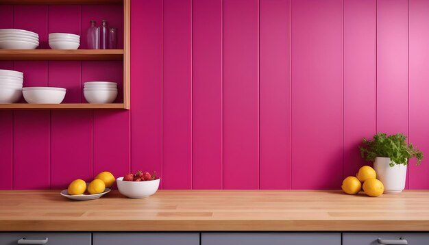 photo viva magenta wall panelling with wooden shelf in kitchen room