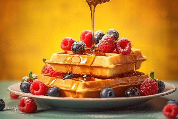 Photo waffles with berries pouring honey on top and yellow background