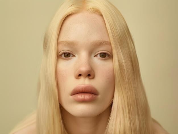 Photo photo waist high shot albino young woman with natural makeup perfectly voluminous hair facing the