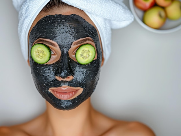 Photo photo waist high shot a young woman with two cucumber slices on her eyes wearing a face cream mask