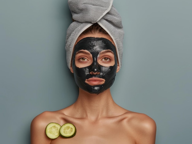 Photo photo waist high shot a young woman with two cucumber slices on her eyes wearing a face cream mask