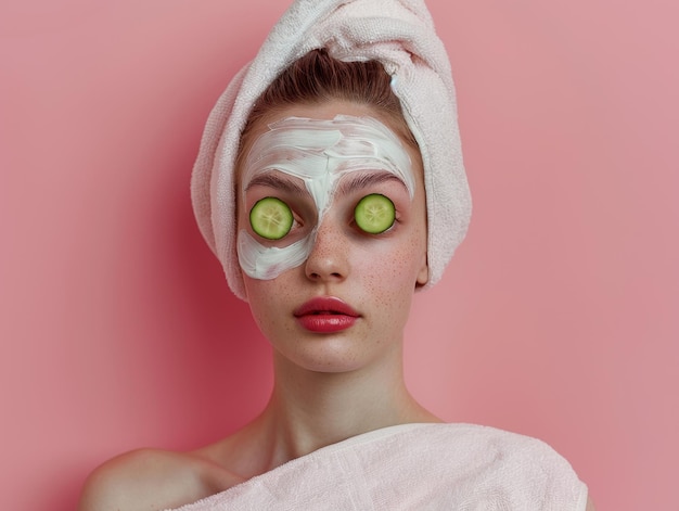 Photo photo waist high shot a young woman with two cucumber slices on her eyes wearing a face cream mask