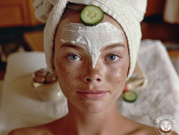 Photo photo waist high shot a young woman with two cucumber slices on her eyes wearing a face cream mask