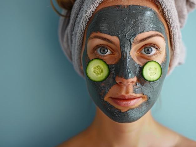 Photo photo waist high shot a young woman with two cucumber slices on her eyes wearing a face cream mask