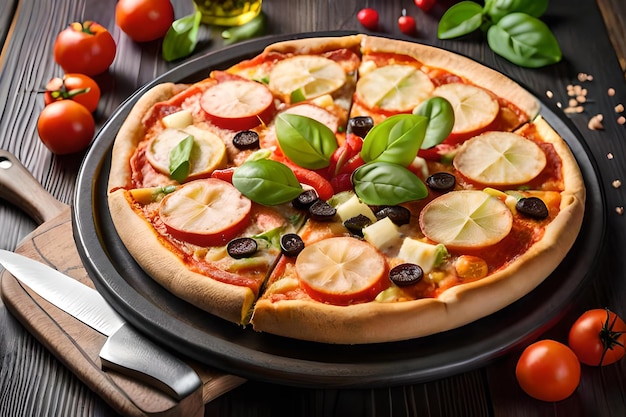 photo of warm pizza on a wooden board