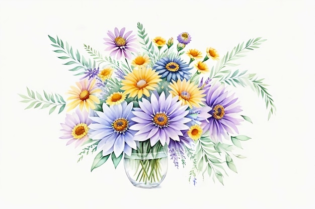 Photo a watercolor painting of a bouquet of leaves and flowers for Spring or summer decoration