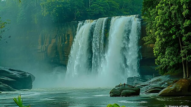 Photo of a waterfall is in the middle of a forest and is surrounded by trees