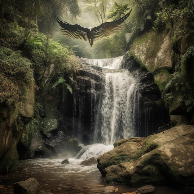 Photo waterfall with a bird flying above it