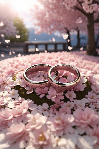 photo wedding rings on sakura cherry blossom petals flower bouquet