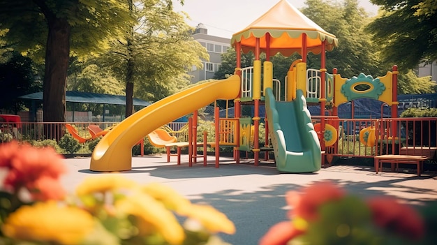 A photo of a wellkept outdoor playground in a childcare facility