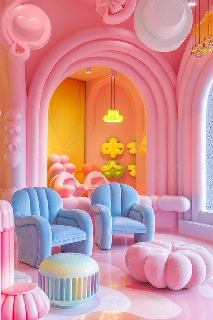 Photo of a Whimsical Pink Room Interior with Colored Chairs and Armchairs