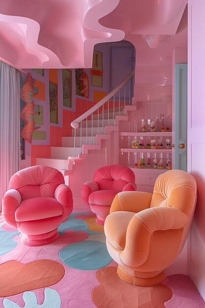 Photo of a Whimsical Pink Room Interior with Colored Chairs and Armchairs