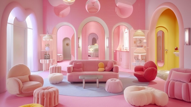 Photo of a Whimsical Pink Room Interior with Colored Chairs and Armchairs