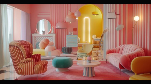 Photo of a Whimsical Pink Room Interior with Colored Chairs and Armchairs