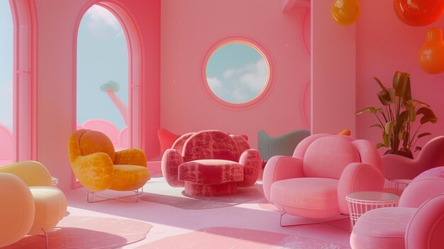 Photo of a Whimsical Pink Room Interior with Colored Chairs and Armchairs