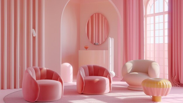 Photo of a Whimsical Pink Room Interior with Colored Chairs and Armchairs