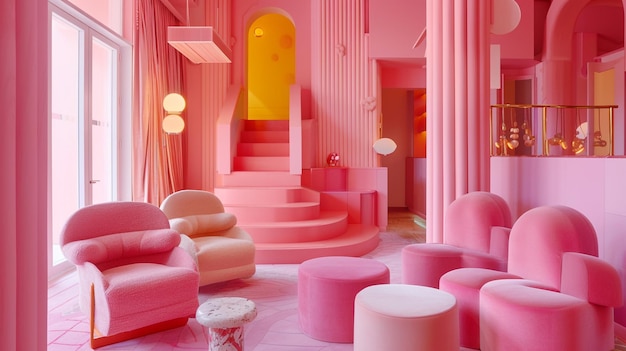 Photo of a Whimsical Pink Room Interior with Colored Chairs and Armchairs