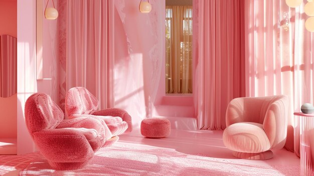 Photo of a Whimsical Pink Room Interior with Colored Chairs and Armchairs