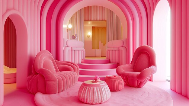 Photo of a Whimsical Pink Room Interior with Colored Chairs and Armchairs