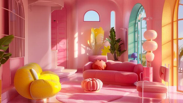 Photo of a Whimsical Pink Room Interior with Colored Chairs and Armchairs