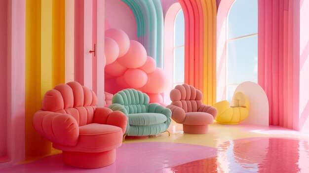 Photo of a Whimsical Pink Room Interior with Colored Chairs and Armchairs