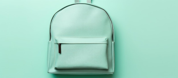 Photo of a white backpack hanging on a green wall with plenty of empty space for text