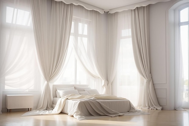 Photo white bedroom with curtain blowing