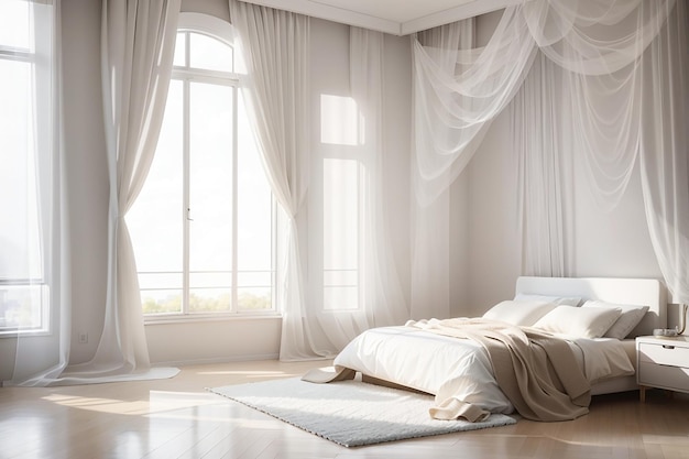 Photo white bedroom with curtain blowing