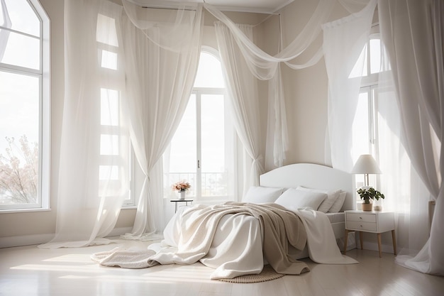 Photo white bedroom with curtain blowing