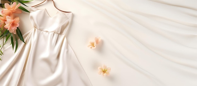 Photo of a white dress and flowers on a bed with empty space for text or design with copy space